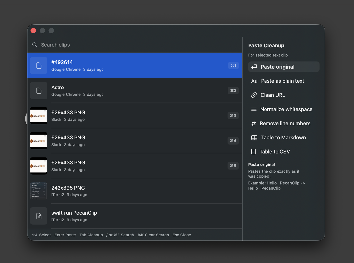 Dark PecanClip window showing clipboard history on the left and paste cleanup actions on the right.